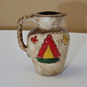 Hand-Painted Vintage Ceramic Pitcher With Vibrant Tribal Design